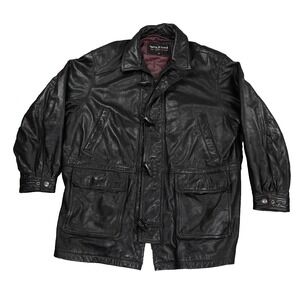 VTG Wilsons Leather Field Jacket Men XL Black Toggle Closure Mid-Length Military